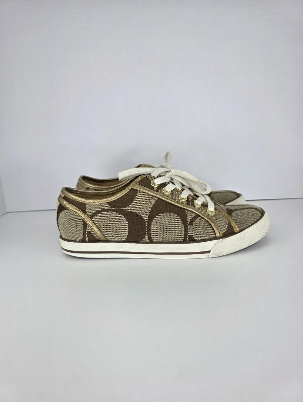 Y2K COACH Dalia II C Signature Classic Khaki Gold Brown Tennis Shoes Size 7.5 B